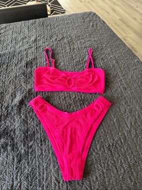Lspace Hot Pink Ribbed Bikini Set with Ring Detail bikini